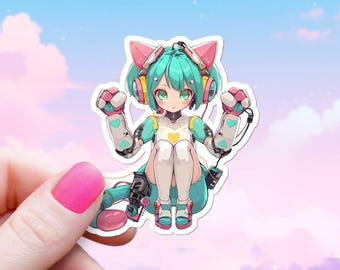 Könnte beinhalten: Ein Aufkleber mit einem Anime-Charakter mit türkisfarbenem Haar, Katzenohren und Kopfhörern. Der Charakter trägt ein weißes und gelbes Outfit mit Roboterarmdetails und rosa Akzenten. Der Aufkleber wird vor einem pastellfarbenen Himmelshintergrund gehalten.