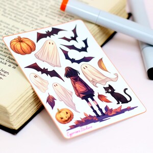 16 Halloween Girl Stickers Sheet Spooky Ghosts, Pumpkin, Bats Cat Decal Set Anime Haunted Scary Illustration Nature Planner Journal Ephemera