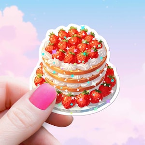 Sticker aardbei shortcake, coquette-dessertsticker met holografische glitters, fruitcake, schattig vrouwelijk, waterfles voor Kindle-laptop