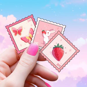 Coquette Strawberry Bunny Butterfly Stamp Sticker SET, Pink Girly Vibes Decal, Fruit Cutecore , Ephemera for Junk Journals and Scrapbooks