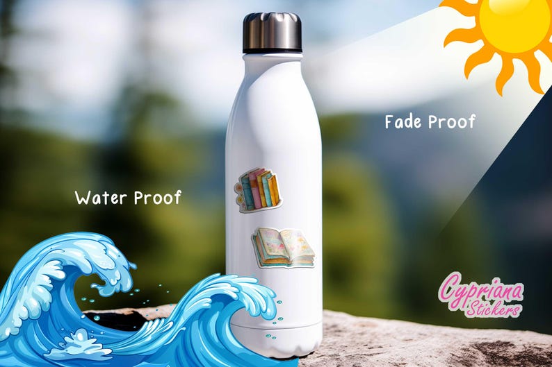 May include: A white water bottle with a silver cap, adorned with stickers of books. The image includes the text "Water Proof" and "Fade Proof". A stylized wave graphic is in the foreground.