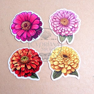 Zinnia Sticker Set of 4 Waterproof Vinyl Sticker Flower Pack Floral Bundle Gift for girlfriend gift for friend Flower favors, flower girl