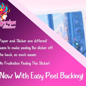 Puede incluir: Un fondo rosa y blanco con una pegatina que muestra un cielo azul con nubes blancas y estrellas. La pegatina tiene un borde blanco y el texto "Now With Easy Peel Backing!" est&aacute; escrito en blanco sobre un fondo rosa. El texto "Cypriana Stickers" est&aacute; escrito en blanco sobre un fondo rosa con una ilustraci&oacute;n colorida de la cara de una mujer.