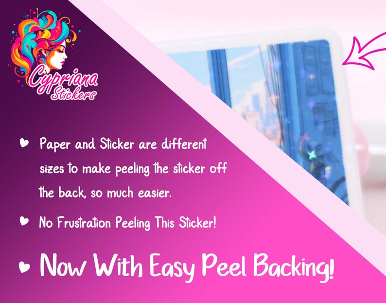 Puede incluir: Un fondo rosa y blanco con una pegatina que muestra un cielo azul con nubes blancas y estrellas. La pegatina tiene un borde blanco y el texto "Now With Easy Peel Backing!" est&aacute; escrito en blanco sobre un fondo rosa. El texto "Cypriana Stickers" est&aacute; escrito en blanco sobre un fondo rosa con una ilustraci&oacute;n colorida de la cara de una mujer.