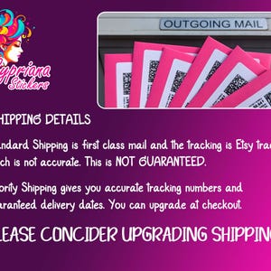 May include: Pink envelopes with shipping labels are placed in an outgoing mail slot. The image includes the Cypriana Stickers logo, a colorful illustration of a woman's face. Text on the image includes "Shipping Details" and "Please Consider Upgrading Shipping!"