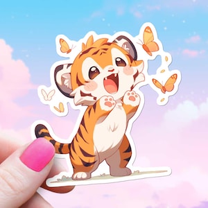 Tiger Chasing Butterflies 4" Sticker Anime Aesthetic Decal Cute Kawaii Baby Cat Water Bottle Cutecore Waterproof Vinyl