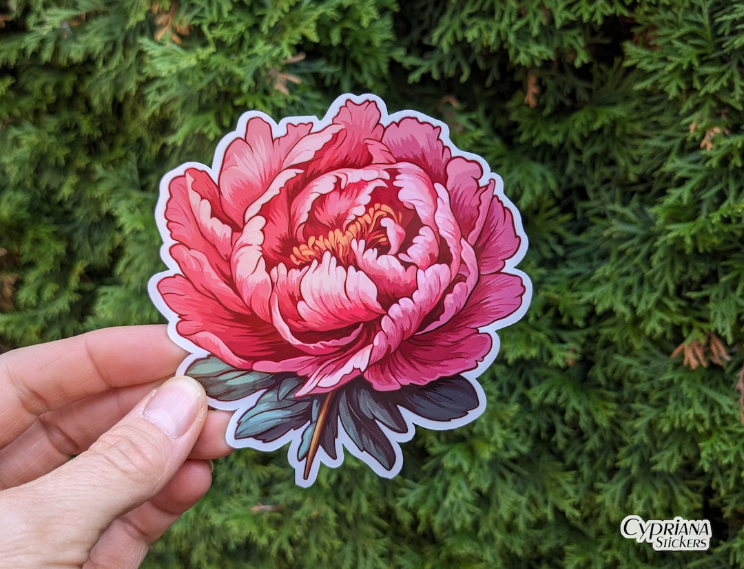 Giant 4" Peony Sticker Waterproof Vinyl Botanical Flower Sticker Nature ...