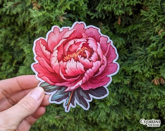 Giant 4&quot; Peony Sticker Waterproof Vinyl Botanical Flower Sticker Nature Lover Gardener Gift for Girl Flower Favors, Flower Girl