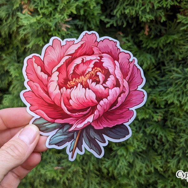 Giant 4" Peony Sticker Waterproof Vinyl Botanical Flower Sticker Nature Lover Gardener Gift for Girl Flower Favors, Flower Girl