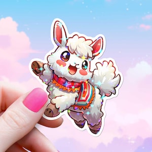 Happy Llama Sticker Cheerful Cartoon Aesthetic Decal Cute Anime Colorful White Llama Water Bottle Cutecore Waterproof Vinyl