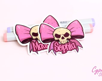 Personalized Skull Bow Sticker Coquette Aesthetic Decal Creepy Cutecore Pink Holographic Sparkly Custom Name For Water Bottle, Laptop Kindle