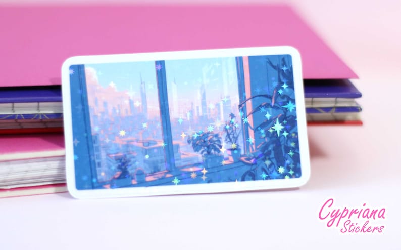 May include: A sticker featuring a window view of a city skyline with a blue and pink color scheme. The sticker has a holographic finish with glitter stars.
