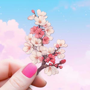 Sticker kieskeurig gesneden kersenbloesem, roze en witte botanische bloem sticker voor ongewenste tijdschriften, lente natuurthema, archiefinkt voor plakboek