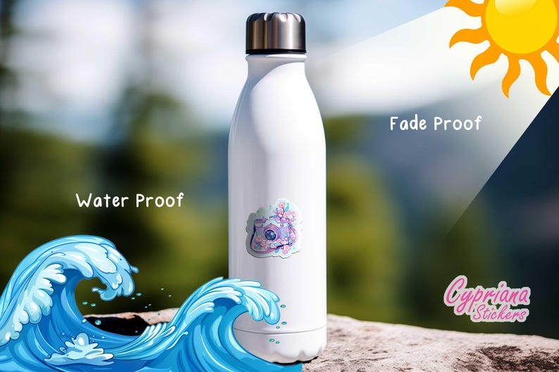 May include: A white water bottle with a silver cap and a colorful sticker. The sticker features a whimsical design with shades of blue, pink, and purple. Text on the image reads "Water Proof" and "Fade Proof". The bottle is on a rock.