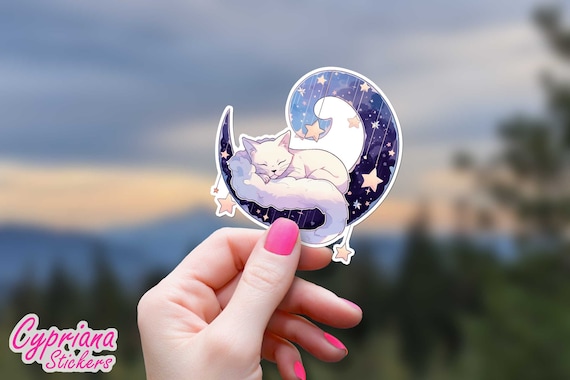 Celestial Cat Nap Sticker, Galaxy Dreamy Anime Sparkle Blue Aesthetic Stars Kitty in Clouds, Glossy Waterproof Lunar Cosmic Twilight Cute