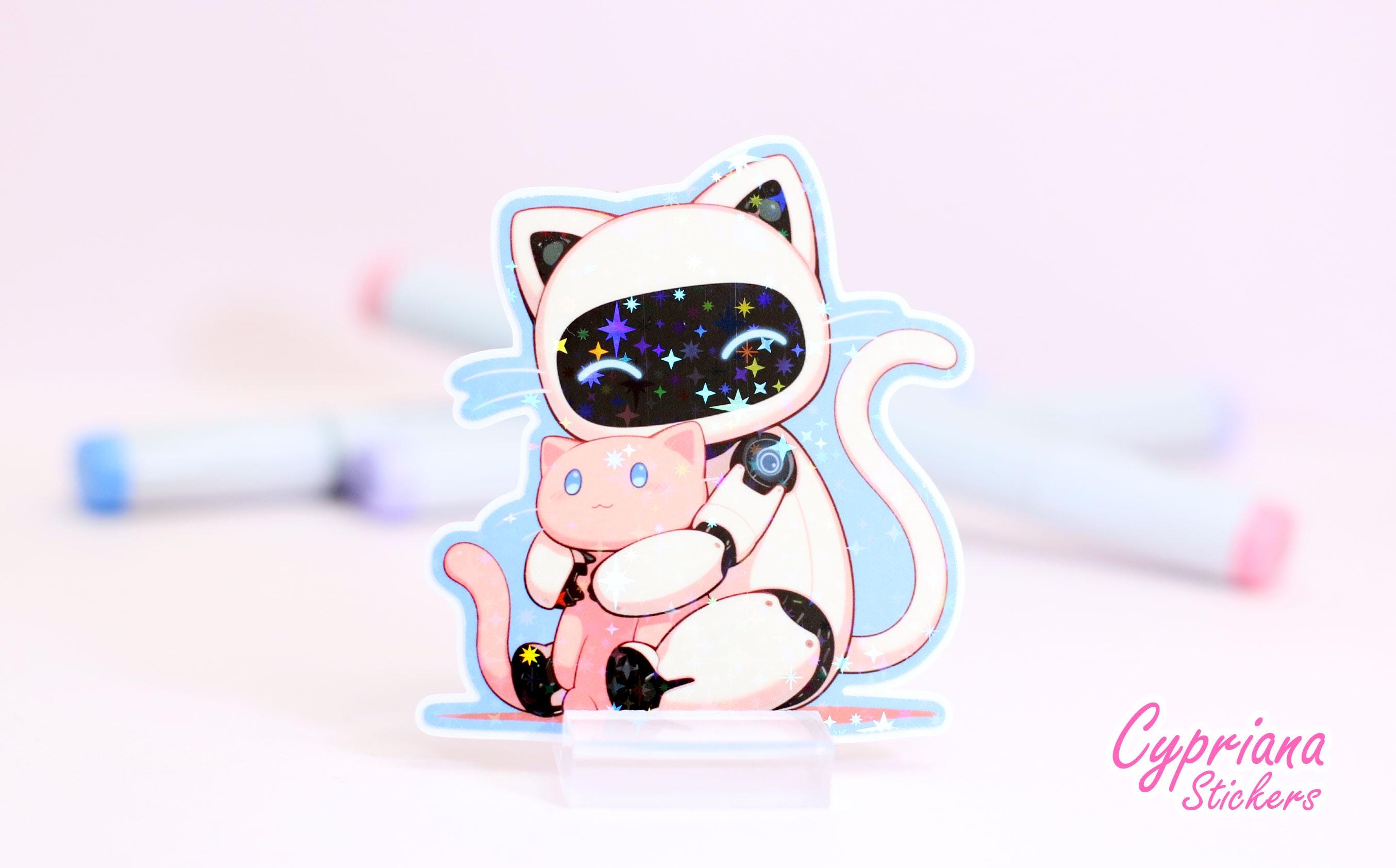 Robot Cat Sticker, Holographic Sparkle Stars, Japanese Anime Style Cute ...