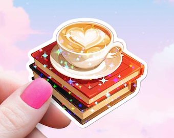 Latte and Books Sticker, Cute Bookworm Mocha Reading Decal, Holographic Sparkles, Cozy Introvert Coffee and Reading, Kindle, Laptop