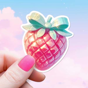 Sticker aardbei kristal, sticker schattig coquette ruby, diamanten edelsteen met strik, glanzende bes vrouwelijke girly Kindle-laptop waterfles