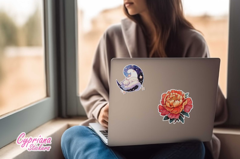 May include: A silver laptop with two stickers. One sticker features a white cat sleeping on a crescent moon with stars. The other sticker is a red and yellow peony flower.