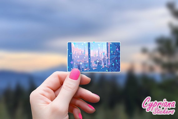 Lo-fi Window Plants Sticker Vaporwave Aesthetic Holographic Stars Decal Anime Sparkle Japanese Pink House Plant Dreamy Chill Vibes Cityscape