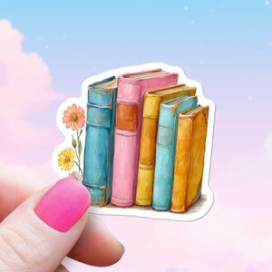 Pastelkleurige rij boeken met bloem boekensteunsticker, schattige leesgrage bloemensticker, dagboek aquarelstijl voor kindle of laptop