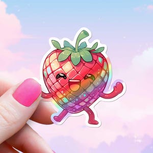 Sticker fraise kawaii sauvage, sticker personnage irisé joyeux mignon, décoration de bouteille d'eau pour ordinateur portable Kindle colorée arc-en-ciel