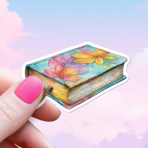 Bloemenboek met lintsticker, leuke leesgrage bloemensticker, aquarelstijl voor kindle of laptop