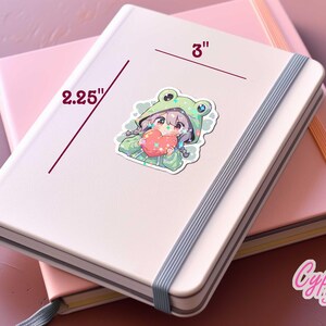 Pode incluir: Um adesivo com uma menina de desenho animado vestindo um moletom verde de sapo e segurando um cora&ccedil;&atilde;o rosa. O adesivo tem 7,6 cm de altura e 5,7 cm de largura. O adesivo est&aacute; em um caderno rosa e branco.