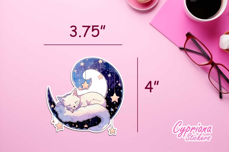 May include: A white cat sleeping on a crescent moon with a starry night sky background. The sticker is 3.75 inches wide and 4 inches tall. Cypriana Stickers.