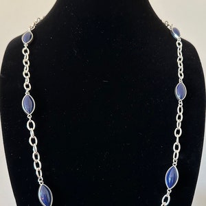 Liz Claiborne silver tone chain necklace with blue almond shape beads