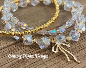 Crystal and Gold Beaded Bow Bracelet Stack Friendship Bracelet Trending Coquette