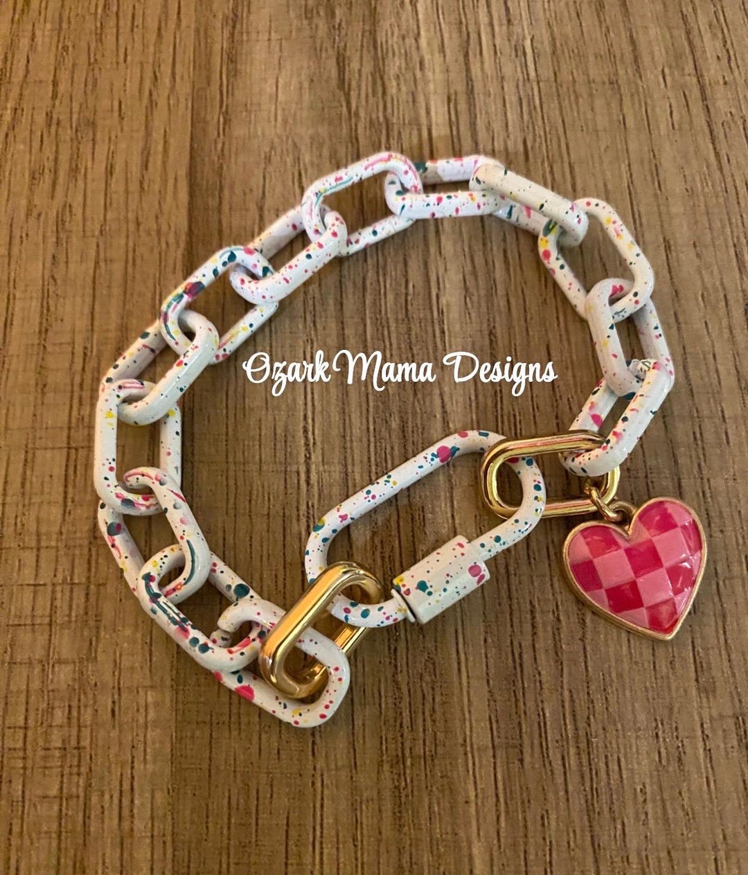 Checkered Heart Charm Splatter White Chain Bracelet Valentines Day ...