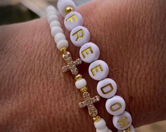 Frihet och Tro Kors Vitt Armband Set Amerika