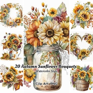 20 Watercolour Fall Sunflower Floral Bouquet Clipart, High Quality PNG Digital Download, Free Commercial Use. Autumn Sunflowers Cricut