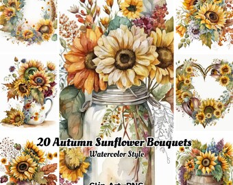 20 Watercolour Fall Sunflower Floral Bouquet Clipart, High Quality PNG Digital Download, Free Commercial Use. Autumn Sunflowers Cricut