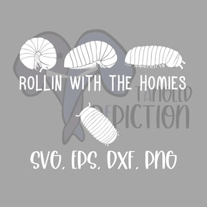 Puede incluir: Un diseño gráfico gris con ilustraciones blancas de cochinillas, con el texto "ROLLIN WITH THE HOMIES" y opciones de tipo de archivo: SVG, EPS, DXF y PNG. El diseño tiene un ambiente lúdico y caprichoso.