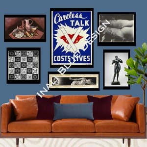 Galerie-Wand-Set mit 6 Drucken, eklektisch, Vintage, zeitgenössisch, Wohnheim-Dekor, Wohnzimmerdekor, digitaler Download, Poster-Set, blau und rot