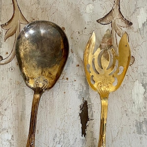 Vintage W.A. Italy Gold Plated Serving Spoon and Fork Set