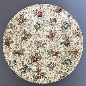 Puede incluir: Un plato de cerámica blanco con un patrón floral. El plato está decorado con pequeñas flores rosas, rojas y azules sobre un fondo blanco con una textura moteada.
