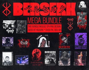 Può includere: Un collage di 124 illustrazioni digitali con personaggi della serie anime e manga Berserk. Le immagini sono in uno schema di colori nero e rosso con testo giapponese e il titolo "Berserk Mega Bundle".