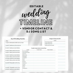 Editable Day Of Wedding Timeline + Vendor Sheet & DJ Song List