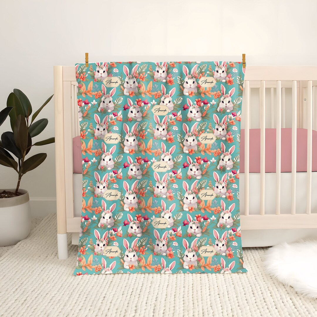 Personalized Baby Blanket Name, White Bunnies Blanket, Animal Themed