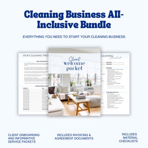 May include: A digital marketing bundle for cleaning businesses. The bundle includes client onboarding and informative service packets, client welcome packets, invoicing and agreement documents, and material checklists. The image shows a living room with a sofa, coffee table, and a window.