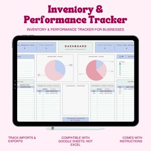 May include: A digital tablet displaying a spreadsheet template for inventory and performance tracking. The template includes sections for product stock status, materials stock status, and outgoing/shipping. The template is compatible with Google Sheets, not Excel. The text "Inventory & Performance Tracker" is displayed at the top of the screen.