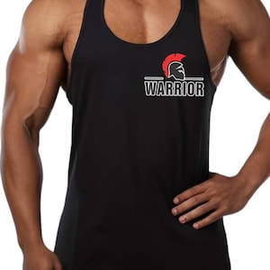 May include: Black sleeveless tank top with a red and white graphic of a Spartan helmet and the word "WARRIOR" printed on the front.
