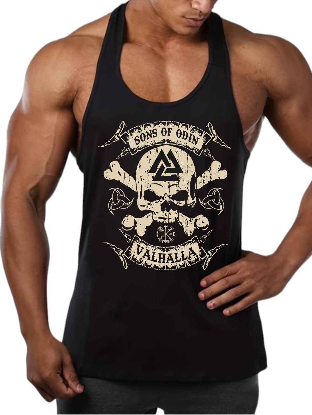 Women's Viking Mythology T-Shirt - Norse Valhalla Design With Runic Symbols Axes Black White Graphic Print Casual Tee