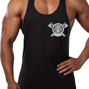 May include: Black sleeveless tank top with a white graphic of a skull with crossed axes and the word "Warrior" underneath.