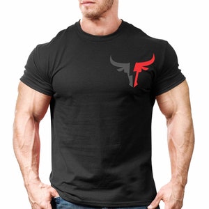 May include: A black t-shirt with a red and grey bull logo on the front.