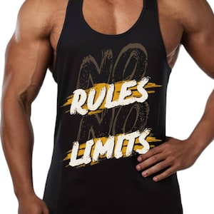 May include: Black sleeveless tank top with a graphic print that says "No Rules No Limits" in white and yellow lettering.