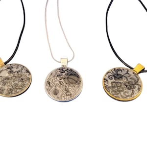 18&quot; Floral Lace Necklace, Gold Bronze or Silver Pendant Necklace, Black Lace Deisgn Necklace